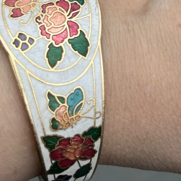 Vintage Cloisonné Rose Flower Bangle Bracelet - Picture 4 of 5